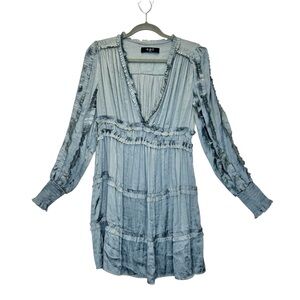 O.P.T. Ruffle Tiered Mini Dress Size XL Long Sleeve Boho Silk Like Soft Blue